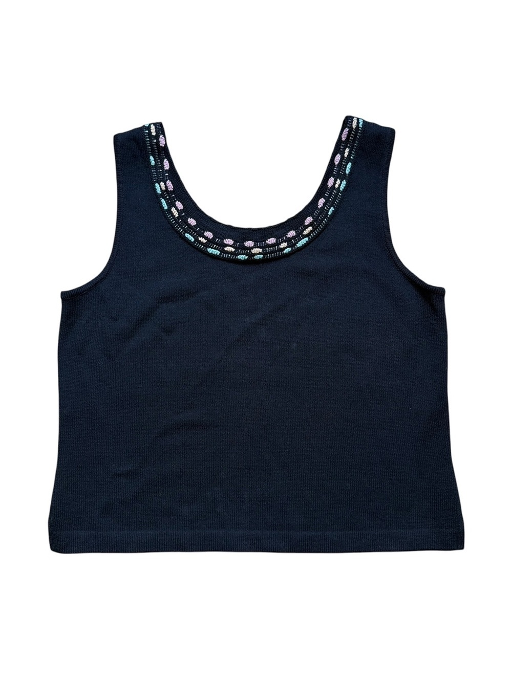 St John Santana Knit Tank Top Size Small Black Multi Color Trim Crochet Shell